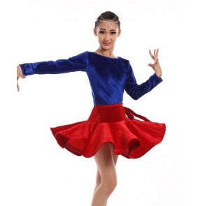 Velvet long sleeves red royal blue fuchsia black leopard patchwork girls kids children growth performance latin salsa dance dresses outfits