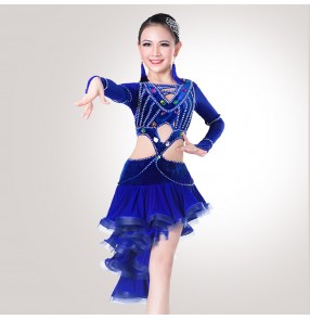 Velvet mesh patchwork long sleeves rhinestones competition professional girls kids children latin salsa cha cha dance dresses outfits