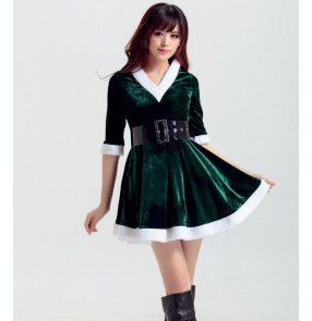 Velvet red  dark green half sleeves with white ribbon v neck hoodies girls women's cosplay party stage performance dancing Christmas santa claus dresses 