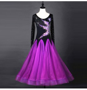 Violet big skirted rhinestones embroidery flowers competition performance long length women's ballroom dresses