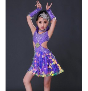 Violet purple black rhinestones glitter  handmade luxury girls school competition performance latin dance dresses