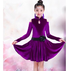 Violet purple black royal blue velvet long sleeves turtle neck competition stage performance girls children kids latin salsa dance dresses