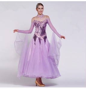 Violet purple red rhinestones glitter shiny luxury handmade custom size competition women's girls performance contest ballroom tango waltz dancing long dresses