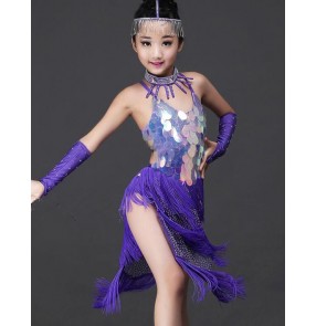 Violet purple rhinestones diamond handmade luxury competition girls kids children baby contest school dance crew fringes latin dance dresses