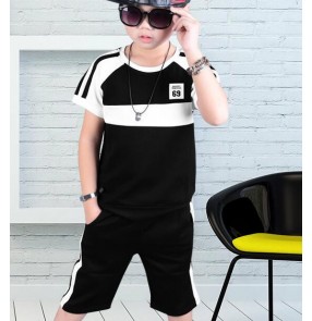 White and black patchwork short sleeves fashion competition modern dance sports boys kids hip hop jazz dancing outfits