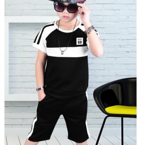 White and black patchwork short sleeves fashion competition modern dance sports boys kids hip hop jazz dancing outfits