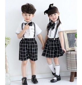 White and black plaid printed  England style girls boys kids children kindergarten stage performance chorus school play outfits costumes