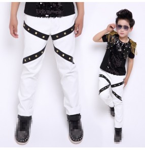 White and black rivet leather boys kids children fashion competition school performance hip hop jazz  singer drummer dancing pants trousers