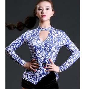 White and blue printed fashion black sexy fashion women's girls competition performance latin salsa cha cha dance tops 