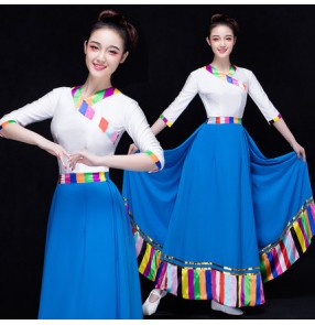 White and blue rainbow colored patchwork women's middle long sleeves competition singer traditional cosplay performance folk modern dancing long dresses outfits