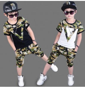 White black camouflage patchwork short sleeves boy kids children school competition performance hip hop dance costumes outfits 