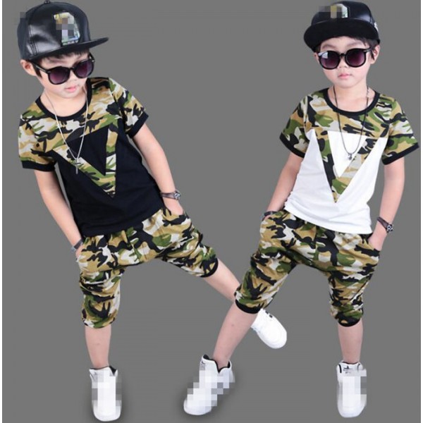 White Black Camouflage Patchwork Short Sleeves Boy Kids Children