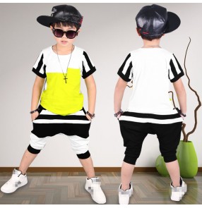 White black green patchwork striped fashion boys kids children performance hip hop sports dance costumes outfits