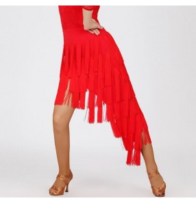 White Black red fringes irregular hem long length irregular hem fashion women's ladies competition performance latin salsa cha cha dance leotards skirts