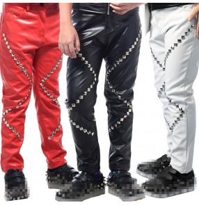 White black red patent leather fashion boys kids children rivet stage performance drummer jazz hip hop dancing pants trousers