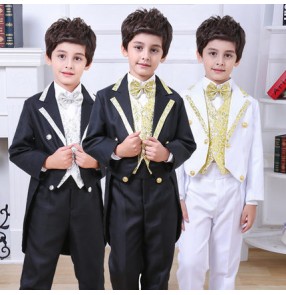White black with gold pattern boys kids children school cos play jazz magician wedding party flower boys pianist stage performance dancing outfits uniforms