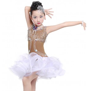 White flesh violet black girls kids children rhinestones beaded fringes competition professional latin salsa cha cha dance dresses