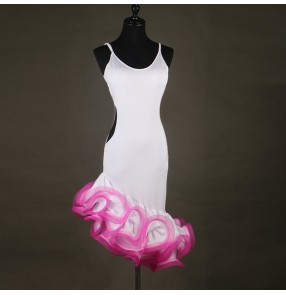 White fuchsia pink patchwork ruffles skirt hem backless spaghetti competition latin salsa cha cha dance dresses