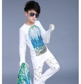 White gradient blue sequins colored long sleeves fringes boys kids children jazz hip hop singer drummer competition dancing tops t shirts