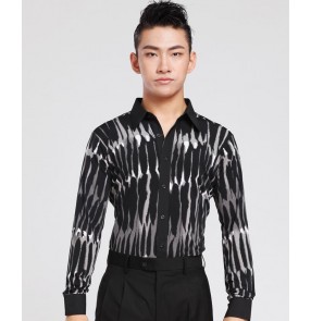 White gray printed black long sleeves down collar men's ladies competition performance exercises ballroom waltz latin dance shirts tops