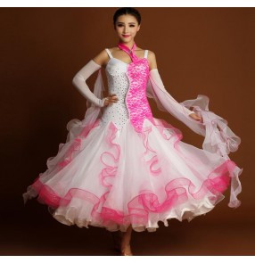 White hot pink fuchsia patchwork lace rhinestones high quality wholesale competition women's ballroom waltz tango dance dresses