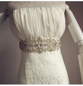 White ivory wine red silver black crystal rhinestones beaded brides wedding evening dress ribbon waist band belt sashes