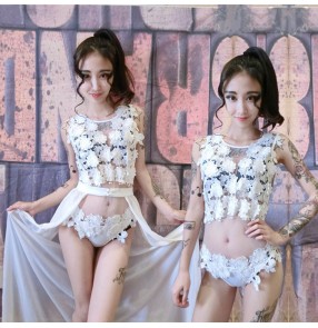 White lace see through mesh sexy fashion women's girls stage dancers singers jazz night club bar dancing dresses tuxedo outfits