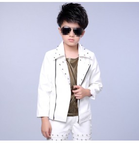 White lapel collar rivet  boy kids children fashion modern dance school competition jazz singer drummer magician hip hop dancing jackets coats