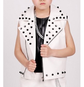 White leather with rivet fashion boys kids children school competition performance singer jazz hip hop drummer dancing waistcoat 