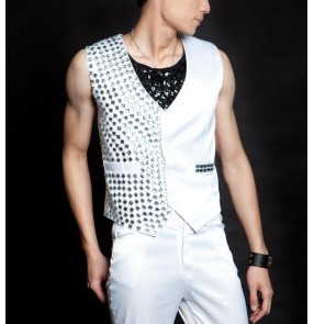 White lens sequins mirror tiger decor men's male fashion jazz night club singers dancers performance vests waistcoats