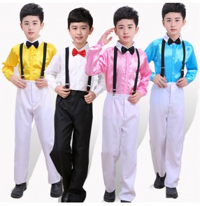 White light pink fuchsia hot pink blue yellow boys kids children satin shirt England style modern dance chorus performance school uniforms outfits