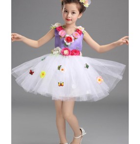 White purple violet fuchsia pink mint royal blue turquoise yellow flowers girls children baby modern dance jazz school dance crew performance dresses outfits