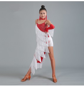 White red rhinestones fringes tassels oblique hem sexy backless competition professional girls women's salsa cha cha latin dance dress