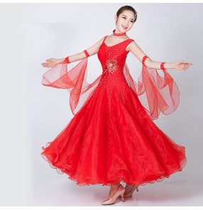 White red royal blue fuchsia hot pink embroidery pattern sleeveless handmade competition professional women's full skirted ballroom tango waltz dancing dresses