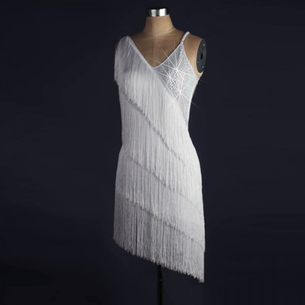 White rhinestones competition layers fringes inclined shoulder handmade women s girl children salsa cha cha latin dance dresses