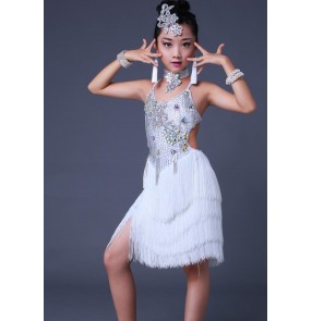 White rhinestones handmade fringes tassels competition performance girls latin kids children dance dresses