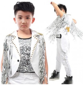 White silver sequins fringes gold rivet  rhinestones boys kids children school drummer dancers singers competition hip hop dance vests tuxedo waistcoats