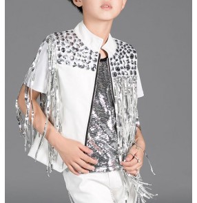 White silver sequins fringes tassels rhinestones boys kids children modern dance fashion jazz hip hop drummer dancing jackets tops