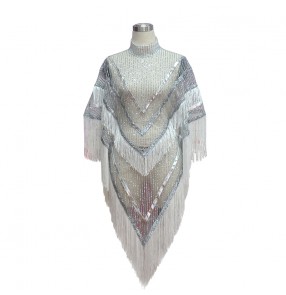 White silver sequins glitter striped paillette loose fashion women's girls see through singers performance jazz dancers outfits cloak tops dresses