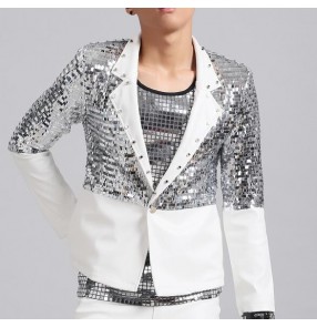 White silver sequins paillette patchwork long sleeves men's male fashion competition jazz singer night club bar dancers punk dj dancing blazers coats