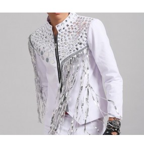 White silver sequins patchwork fringes glitter men's male punk dj lens night club jazz singer dancers dancing jackets coats tops