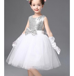 White silver sequins sleeveless girls kids children modern dance host cosplay singer jazz dancing dresses outfits
