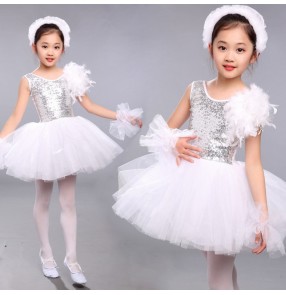 White silver sequins swan lake girls performance competition ballet tutu skirted dance dresses costumes