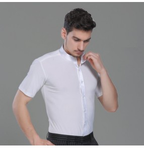 White stand collar short sleeves men's male competition latin salsa ballroom dance tops shirts