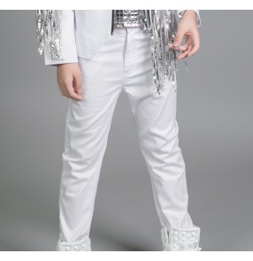 White straight length boys kids children baby fashion modern dance school competition drummer jazz singer hip hopdance pants