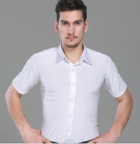 White turn down collar men's male short sleeves competition practice latin ballroom tango waltz dance shirts tops