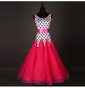 White with black polka dot  fuchsia skirt long length girls women's competition ballroom waltz dance dresses