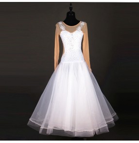 White with flesh fabric long sleeves rhinestones competition fashion women's ballroom tango dance dresses