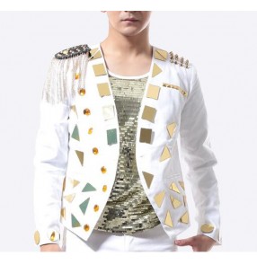 White with gold lens sequins men's male competition performance jazz singer dj pole punk dancing jacket blazers coats