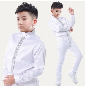 White with silver sequins in shirt opening fashion boys kids children competition performance jazz hip hop dancers singers dancing shirts tops